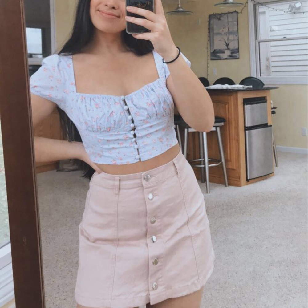 PALE PINK BUTTON UP DENIM SKIRT